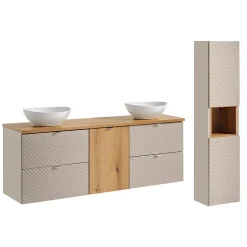 Ensemble meuble double vasque 160cm 4 tiroirs panier à linge et colonne Manoa Cachemire et Bois