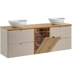 Ensemble meuble double vasque 160cm 4 tiroirs panier à linge et colonne Manoa Cachemire et Bois
