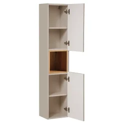 Ensemble meuble double vasque 160cm 4 tiroirs panier à linge et colonne Manoa Cachemire et Bois