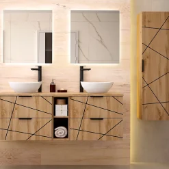 Ensemble meuble double vasque 140cm 2 niches et colonne Teren Bois