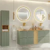 Ensemble meuble double vasque 140cm 4 tiroirs et colonne Jade Vert et Bois