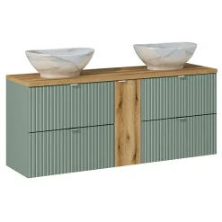 Ensemble meuble double vasque 140cm 4 tiroirs et colonne Jade Vert et Bois