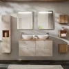 Ensemble meuble double vasque 120cm 4 tiroirs miroirs LED colonne et 3 armoires murales Manoa Cachemire et Bois