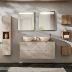 Ensemble meuble double vasque 120cm 4 tiroirs miroirs LED colonne et 3 armoires murales Manoa Cachemire et Bois