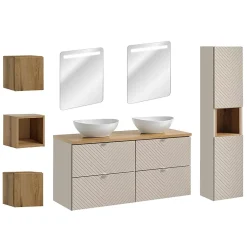 Ensemble meuble double vasque 120cm 4 tiroirs miroirs LED colonne et 3 armoires murales Manoa Cachemire et Bois