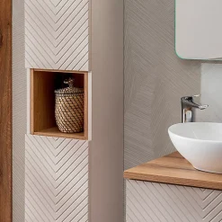 Ensemble meuble double vasque 120cm 4 tiroirs miroirs LED colonne et 3 armoires murales Manoa Cachemire et Bois