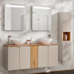 Ensemble meuble double vasque 140cm 5 portes miroirs LED et colonne Manoa Cachemire et Bois