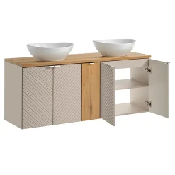 Ensemble meuble double vasque 140cm 5 portes miroirs LED et colonne Manoa Cachemire et Bois