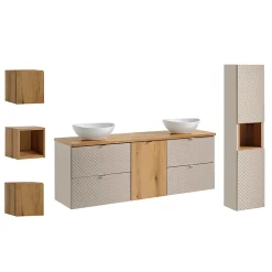 Ensemble meuble double vasque 160cm 4 tiroirs colonne et 3 armoires murales Manoa Cachemire et Bois