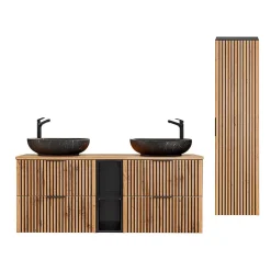 Ensemble meuble double vasque 140cm 2 niches et colonne Gaia Bois et Noir - Vasque Noir