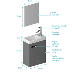 Ensemble Meuble Lave Mains Gris 41x50x22cm + Miroir - SMALLY GREY