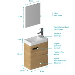 Ensemble Meuble Lave Mains décor Bois 41x50x22cm + Miroir - SMALLY WOOD