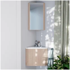 Ensemble meuble lave-mains d'angle décor chêne KODA + armoire miroir