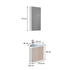 Ensemble meuble lave-mains d'angle décor chêne KODA + armoire miroir