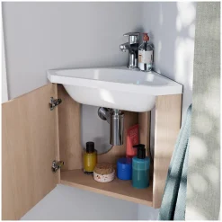 Ensemble meuble lave-mains d'angle décor chêne KODA + armoire miroir
