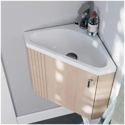 Ensemble meuble lave-mains d'angle décor chêne KODA + armoire miroir