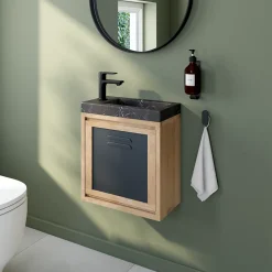 Ensemble meuble lave-mains à suspendre Indus chêne massif l.44 cm + plan vasque lave-mains effet marbre noir