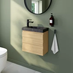 Ensemble meuble lave-mains Etty effet chêne l.44 cm + plan vasque lave-mains effet marbre noir