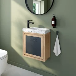 Ensemble meuble lave-mains à suspendre Indus chêne massif l.44 cm + plan vasque lave-mains terrazzo