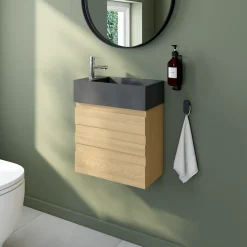 Ensemble meuble lave-mains Etty effet chêne l.44 cm + plan vasque lave-mains béton gris