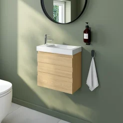Ensemble meuble lave-mains Etty effet chêne l.44 cm + plan vasque lave-mains blanc en céramique Nira