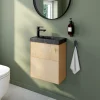 Ensemble meuble lave-mains Java effet chêne clair et jute l.44 cm + plan vasque lave-mains effet marbre noir