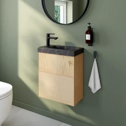 Ensemble meuble lave-mains Java effet chêne clair et jute l.44 cm + plan vasque lave-mains effet marbre noir
