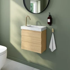 Ensemble meuble lave-mains Etty effet chêne l.44 cm + plan vasque lave-mains effet marbre blanc