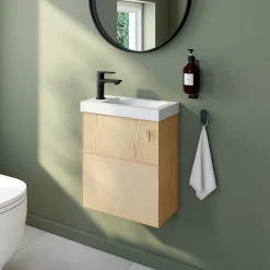 Ensemble meuble lave-mains Java effet chêne clair et jute l.44 cm + plan vasque lave-mains blanc en céramique Nira