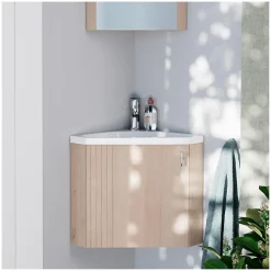 Ensemble meuble lave-mains d'angle décor chêne KODA + robinet