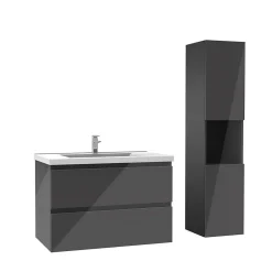 Ensemble meuble salle de bain 80 cm anthracite brillant avec 2 tiroirs, lavabo céramique simple + colonne haute, suspendu