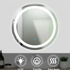 Ensemble meuble Salle de Bain 50cm Blanc simple vasque + miroir lumineux rond