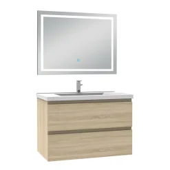 Ensemble meuble Salle de Bain 80cm Chêne Wotan simple vasque et miroir lumineux 3 couleurs et dimmable