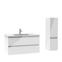 Ensemble meuble salle de bain 100 cm blanc brillant avec 2 tiroirs, lavabo céramique simple + colonne, suspendu