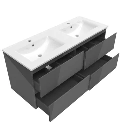 Ensemble meuble salle de bain 120 cm anthracite brillant avec 4 tiroirs, double lavabo céramique + colonne haute x2, suspendu