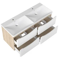 Ensemble Meuble Salle de Bain Suspendu 120cm, Blanc + Chêne, Moderne, Grand Tiroir, AICA Sanitaire