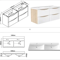 Ensemble Meuble Salle de Bain Suspendu 120cm, Blanc + Chêne, Moderne, Grand Tiroir, AICA Sanitaire