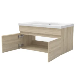Ensemble meuble Salle de Bain 100cm Chêne Wotan simple vasque + miroir lumineux 3 couleurs + dimmable