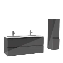 Ensemble meuble salle de bain 120 cm anthracite brillant avec 4 tiroirs, double lavabo céramique + colonne, suspendu