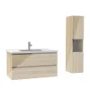 Ensemble meuble salle de bain 100 cm Chêne Wotan brillant avec 2 tiroirs, lavabo céramique simple + colonne haute, suspendu