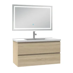 Ensemble meuble Salle de Bain 100cm Chêne Wotan simple vasque et miroir lumineux 3 couleurs et dimmable