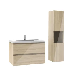Ensemble meuble salle de bain 80 cm Chêne Wotan brillant avec 2 tiroirs, lavabo céramique simple + colonne haute, suspendu