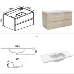 Ensemble meuble salle de bain 100 cm Chêne Wotan brillant avec 2 tiroirs, lavabo céramique simple + colonne, suspendu
