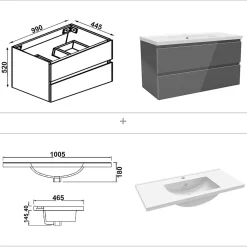 Ensemble meuble salle de bain 100 cm anthracite brillant avec 2 tiroirs, lavabo céramique simple + deux colonnes, suspendu