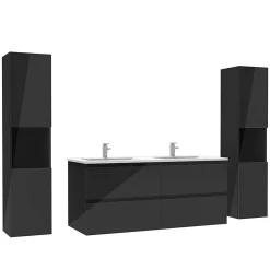 Ensemble meuble salle de bain 120 cm noir brillant avec 4 tiroirs, double lavabo céramique + colonne haute x2, suspendu