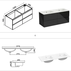 Ensemble meuble salle de bain 120 cm noir brillant avec 4 tiroirs, double lavabo céramique + colonne haute x2, suspendu