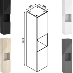 Ensemble meuble salle de bain 120 cm noir brillant avec 4 tiroirs, double lavabo céramique + colonne haute x2, suspendu