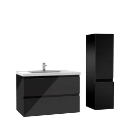 Ensemble meuble salle de bain 80 cm noir brillant avec 2 tiroirs, lavabo céramique simple + colonne, suspendu