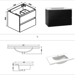 Ensemble meuble salle de bain 80 cm noir brillant avec 2 tiroirs, lavabo céramique simple + colonne, suspendu