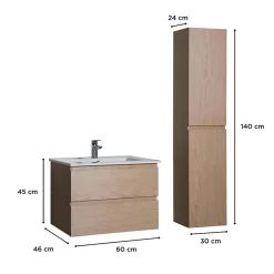 Ensemble meuble simple vasque 60cm avec vasque et colonne SORRENTO Décor chêne